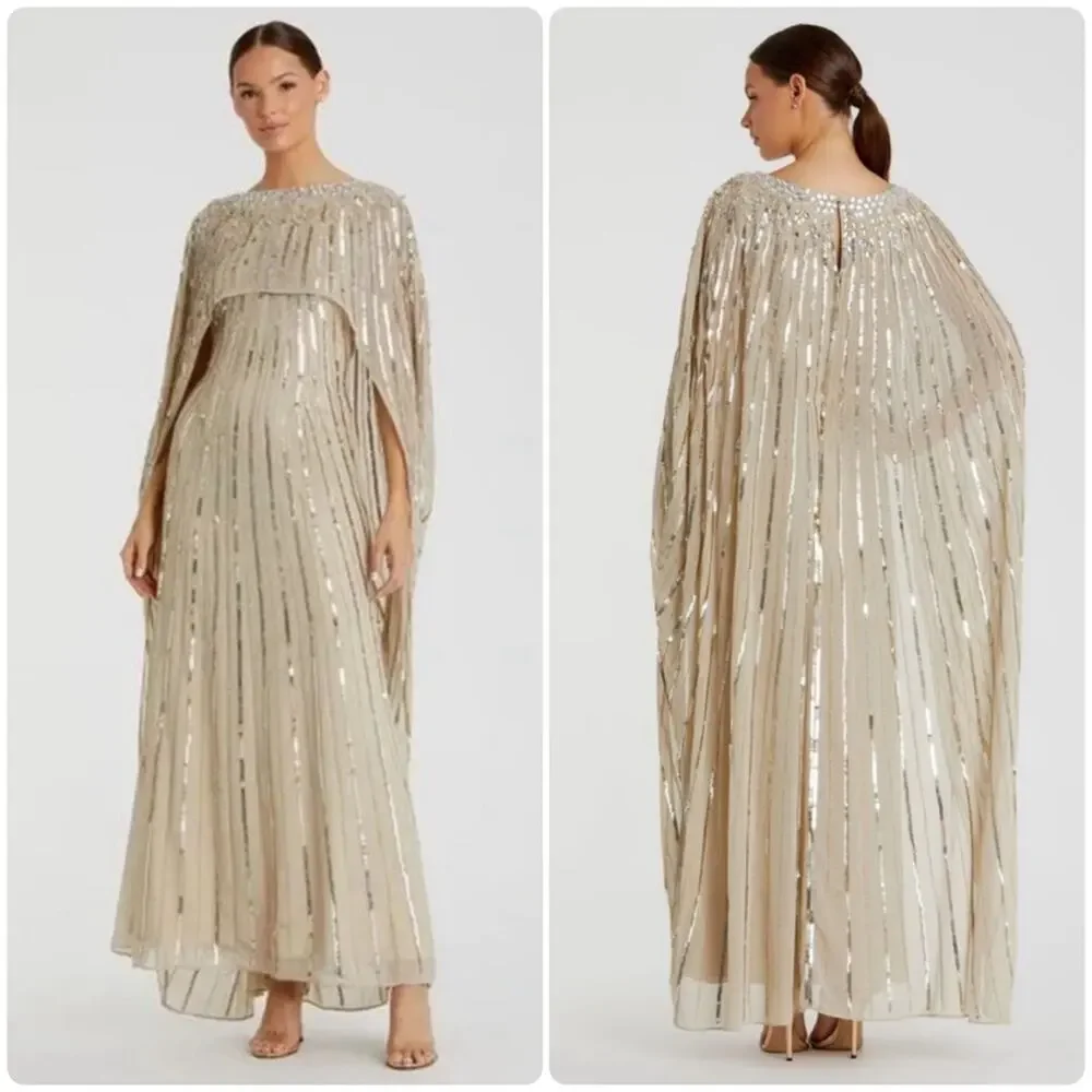 Mac Duggal Gold Sequin Cape-Back Maxi Dress - Picture 1 of 17